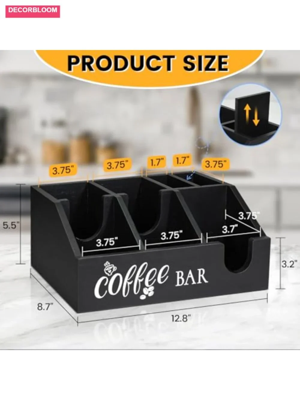 Rustic Wood Coffee Station Organizer, 6 Compartment Counter Storage Basket